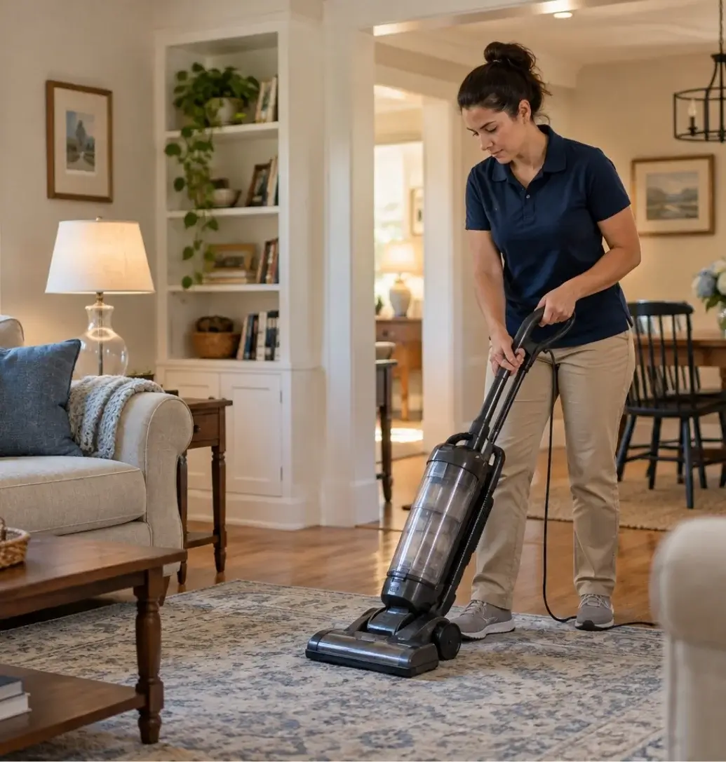 Miracle Touch cleaning professional tidying a living room in Central Massachusetts
