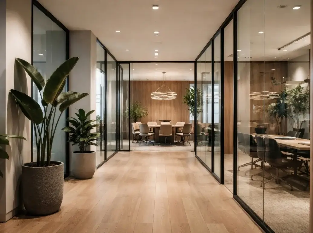 Professional cleaner wiping a glass partition during office cleaning in Central Massachusetts